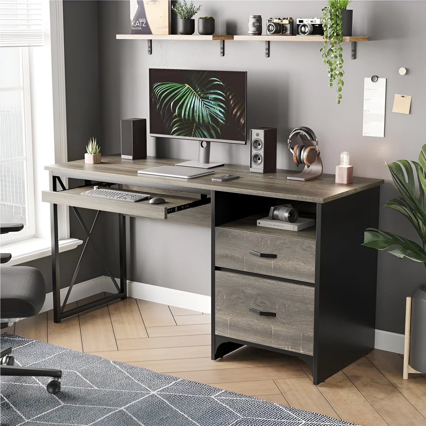 Computer Desk with Keyboard Tray and Drawers