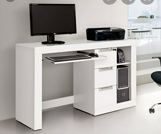 Modern White Office Desk with Drawers and Keyboard Tray